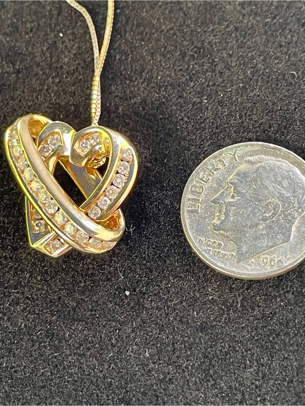 Authentic 14K Yellow Gold Double Interlocking Heart Diamond Necklace. - Picture 4 of 7